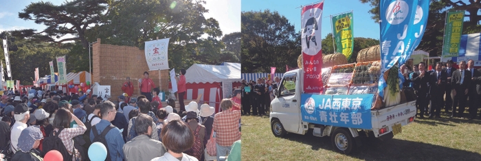 野菜の宝船の宝分け(左)と花デコ軽トラパレードの様子(右)