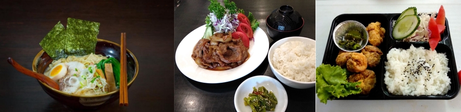 左：豚骨ラーメン、中：生姜焼き定食、右：宅配の鶏から揚げ弁当
