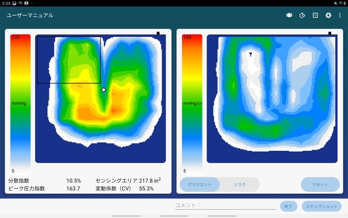 BodiTrak2 Liteで測定した体圧分布の様子(左)と せん断応力の推定の様子(右)