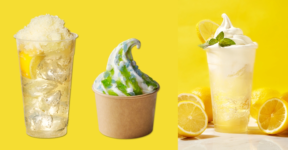 左から、雪氷レモンハイボール 550 円(税込 605 円)、北海道・岩瀬牧場のソフトクリーム パチパチ!メロンソーダ(カップ) 450 円(税込 495 円)、レモネードフロート 550 円(税込 605 円)