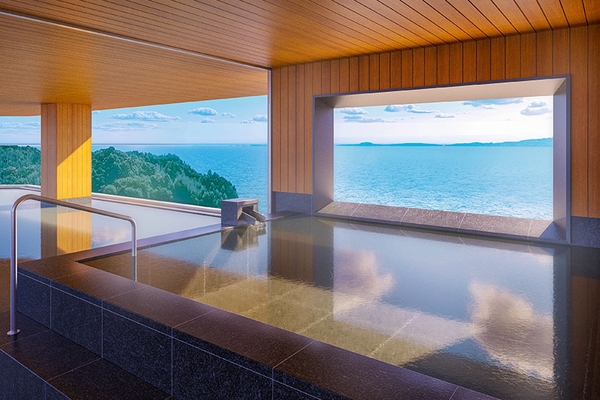 女性大浴場に登場する半露天風呂。露天風呂、内湯と全ての浴槽で海を眺める湯あみをお楽しみください。