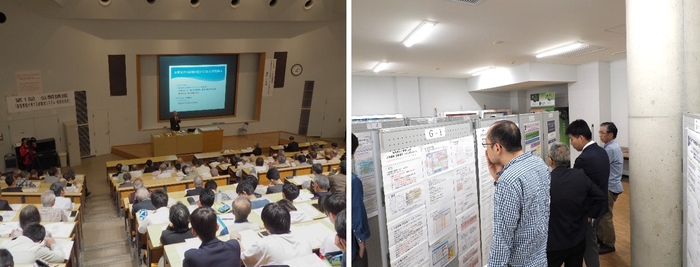 令和元年(2019年)の「市民公開講座」(左)とポスターセッションによる研究紹介の様子(右)