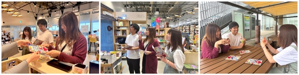 左2枚：謎解きゲーム中の参加者イメージ／右：ゲーム中やクリア後にはカフェスペースで食事や休憩も