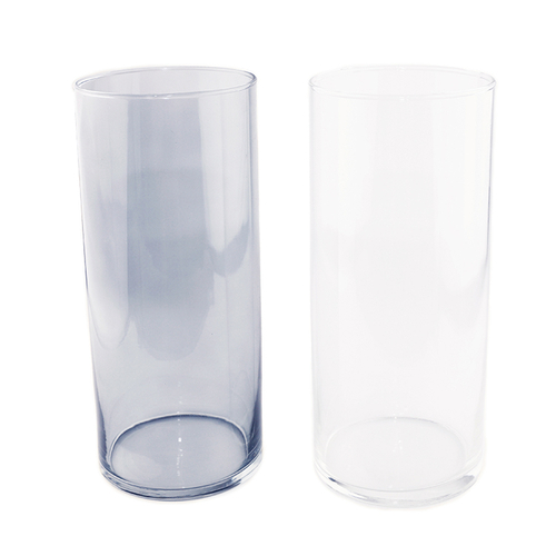 「ガラス シリンダーベース（グレイ、クリア）」価格：各980円／サイズ：φ10×H23cm／シリンダータイプのガラス製フラワーベース。クリアとクリアグレーの2色展開です。