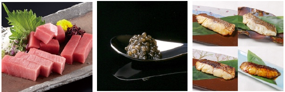 左から、近大マグロセット、近大キャビア10g、近大生まれマダイ焼味四種食べ比べセット