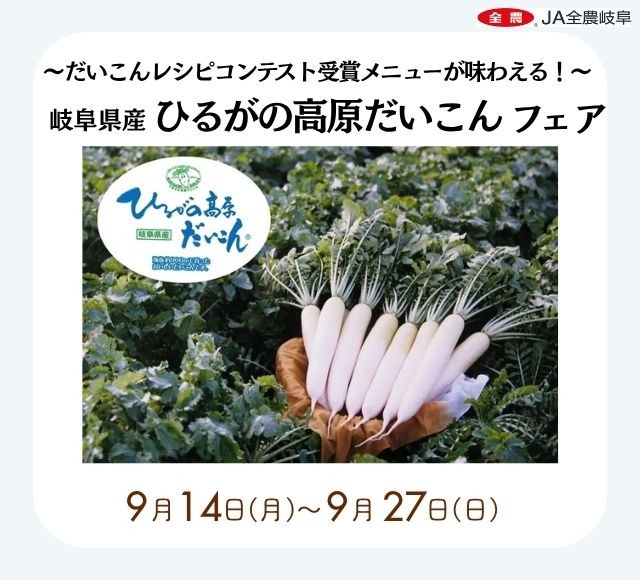 ～レシピコンテスト受賞メニューが味わえる！～
みのるダイニング名古屋店で「ひるがの高原だいこんフェア」を
９月１４日（月）～９月２７日（日）に開催