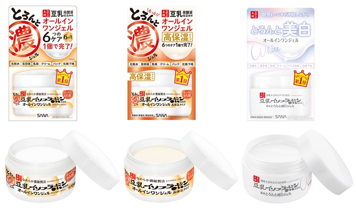 (左から)なめらか本舗 とろんと濃ジェル、なめらか本舗 とろんと濃ジェル エンリッチ、なめらか本舗 とろんと濃ジェル 薬用美白 N