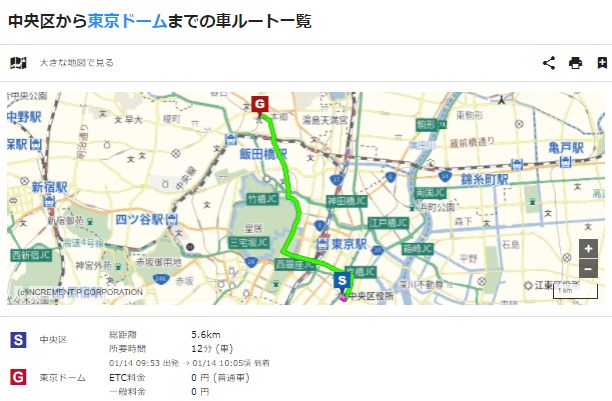 主要都市からスポットまでの自動車ルートを表示