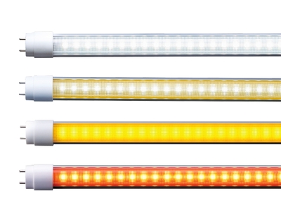 40形直管LED LS1200-U2シリーズ 写真上から昼白色、白色、イエロータイプ、オレンジタイプ