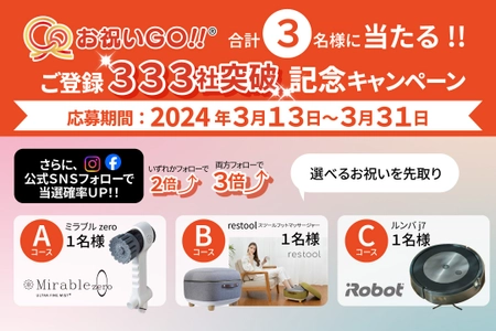 【会員登録社数333社突破記念】 企業の開業・移転祝いの 溢れて勿体ないお祝い花を○○に変えられる！ 受け取り手が贈り物を選べるサービス「お祝いGO!!」 3/13よりプレゼントキャンペーンを開始