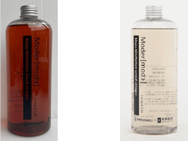 通常の木酢液（左）、臭いと色を低減させた精製木酢液「Moder」（右）
