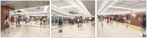 【左】地下鉄四条駅方面から望むコンコースのイメージ【中央】改札内から望む西改札口のイメージ 【右】西改札口(外側)コンコースのイメージ