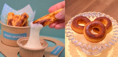 凍ったバスクを冷たいのびるソースにディップする「のびるバスチーディップつき凍らせバスク」(写真左)／お土産にぴったりな箱菓子の新商品「チーズドーナッツ」(写真右)を8月1日より発売！