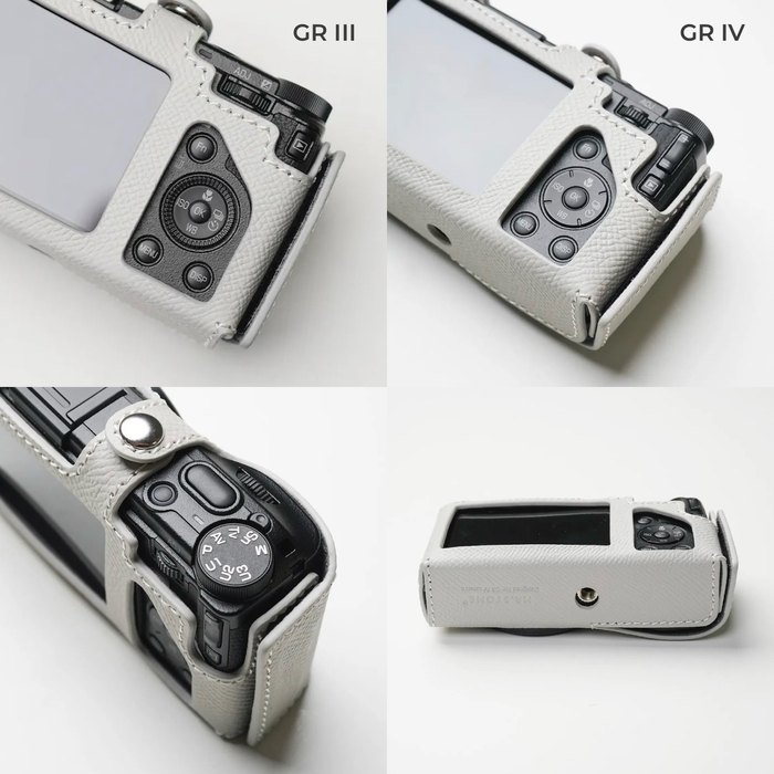 GR III、GR IV、それぞれのボタン位置に合わせたカットラインと底面の三脚穴