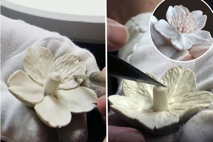 桜の筋を描き、めしべを1本1本制作