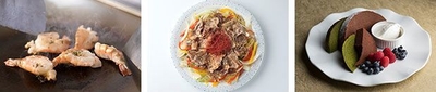 【写真左から】海老のソテー ブルギニョン風、焼き肉風 牛カルビ、チョコと抹茶のバームクーヘン