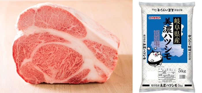 (左)「飛騨牛」(右)期間中に店舗で使用する「美濃ハツシモ」(新米)