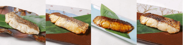 近大生まれマダイ　焼味四種食べ比べセット　左から　塩焼き、西京焼き、照焼き、柚庵焼き
