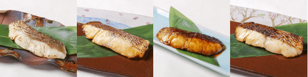 近大生まれマダイ 焼味四種食べ比べセット 左から 塩焼き、西京焼き、照焼き、柚庵焼き