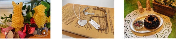 (左)うさことひつじろうのみつろう キャンドル手作り体験 (中央)シルバーアクセサリー手作り体験 (右)ナチュラル石けん手作り体験