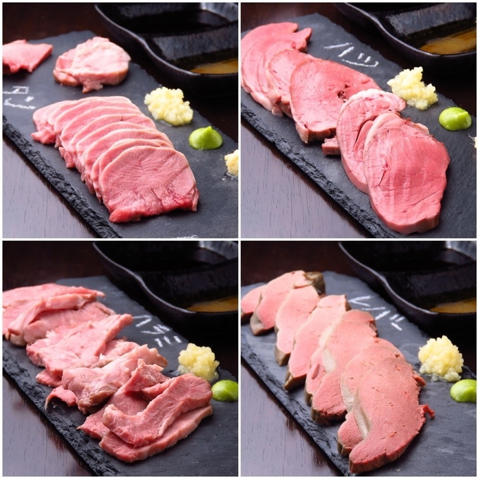 看板メニューの肉刺し全種(タン・ハツ・ハラミ・レバー)