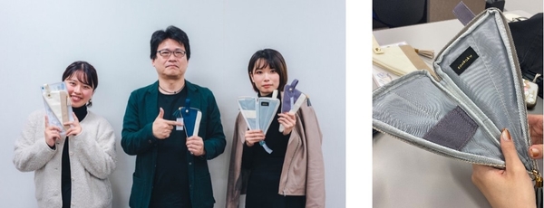 左から布施ゼミ4年 大羽、布施教授、4年 葛谷（左）、「sankaku PENCASE」の内部（右）