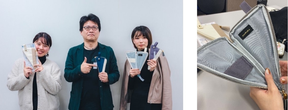 左から布施ゼミ4年 大羽、布施教授、4年 葛谷(左)、「sankaku PENCASE」の内部(右)
