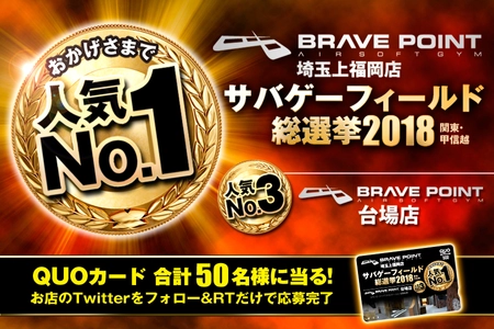 サバゲー総選挙1位＆3位入選！ 室内サバゲースタジオ『Brave Point』 記念QUOカードのプレゼントキャンペーンを12月28日から開始