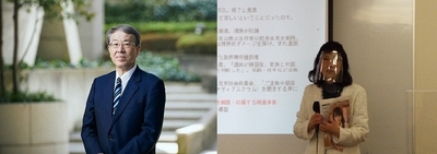 NPO法人リスク共生社会推進センター理事長 野口和彦(左) 有限会社エンカツ社代表取締役社長 宇於崎裕美(右、フェースシールドを着用中)