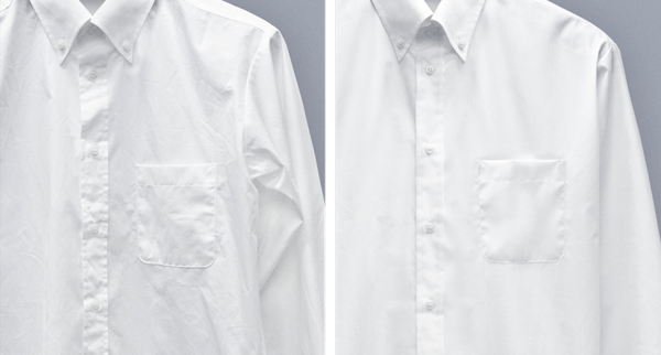 右)一般的なシャツ 左)ノンアイロンマックス /洗濯50回(当社比)