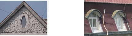 【左】植物モチーフのレリーフ【右】ドーマー窓と半円形屋根
