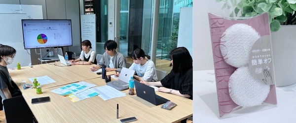 打合せの様子(左)、トレピカネイルパッド(右)