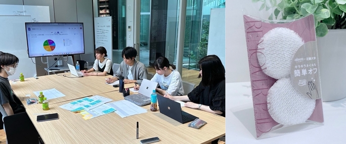 打合せの様子(左)、トレピカネイルパッド(右)