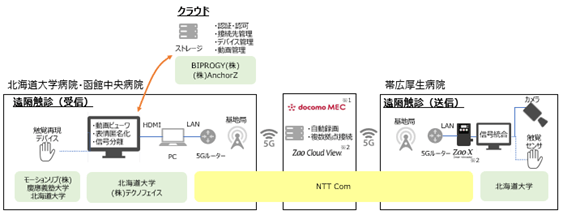 函館・帯広・札幌3拠点遠隔触診実験の構成