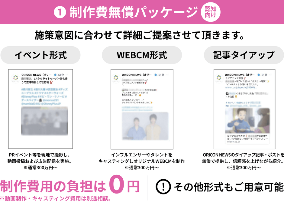 (1) 制作費無償パッケージ(認知向け)