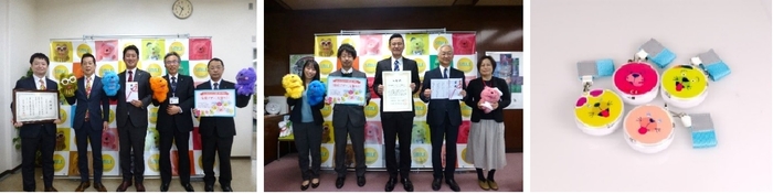 左から 寄贈式(尼崎市)、希望式(箕面市)、キューズモールオリジナル防犯ブザー