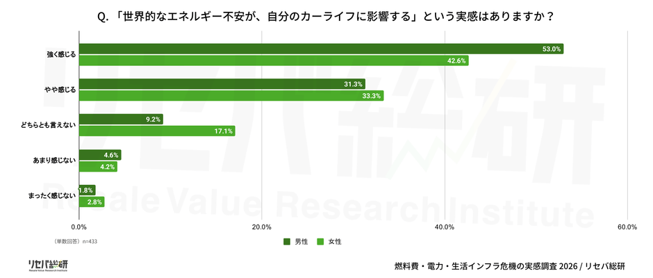 Q. 「世界的なエネルギー不安が、自分のカーライフに影響する」という実感はありますか?(男女別)
