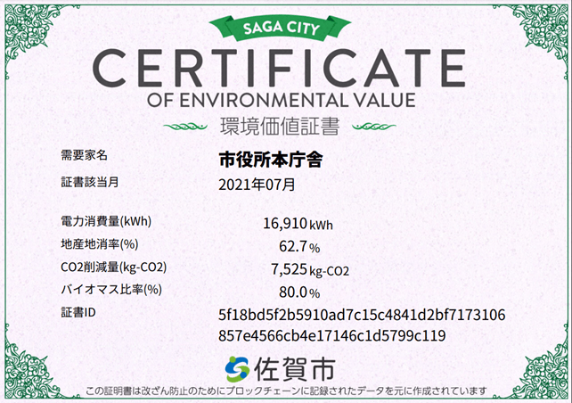 佐賀市環境価値証書発行システムで発行された環境価値証書