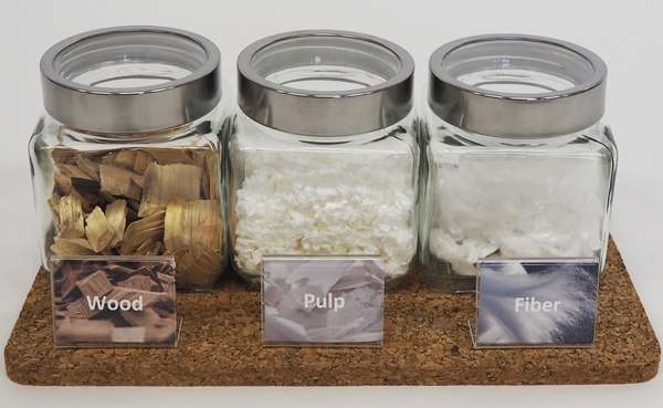 テンセル™繊維の過程（左から木材、木材パルプ、繊維）