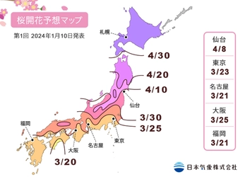 2024年「第1回桜の開花・満開予想」を発表　 春先の高温の影響で、東・西日本では平年より早い開花が多い予想 　開花一番乗りは高知の3月18日、東京は3月23日の予想