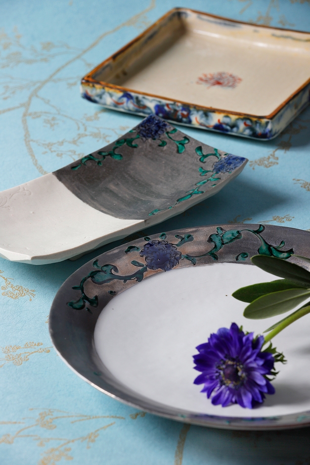 色絵銀彩丸皿・長皿／安南角皿　鈴木工友(中郷窯) 信楽焼 