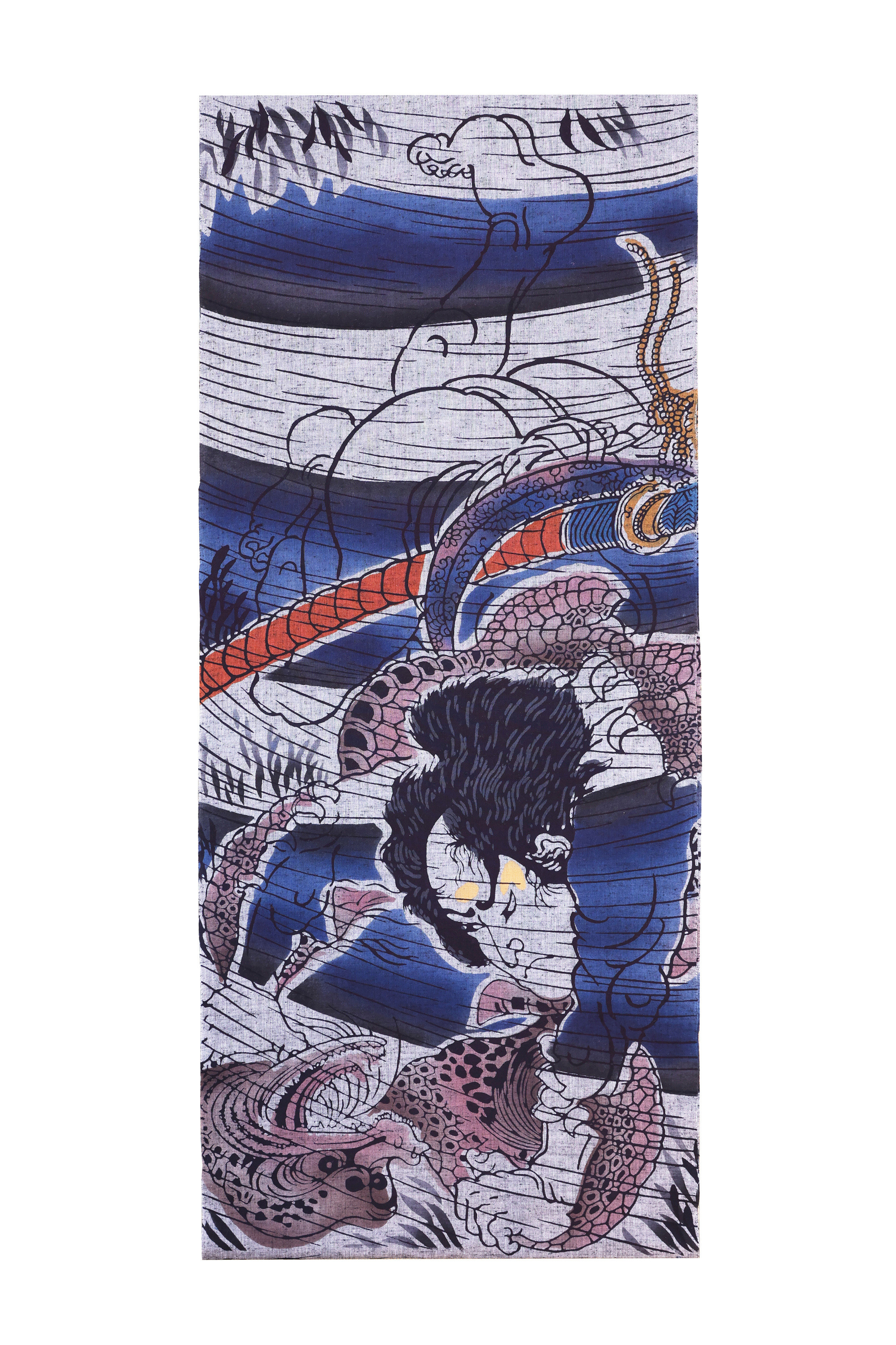 歌川国芳「小子部栖軽豊浦里捕雷(こしべすがるとゆらのさとにらいをとらう)」/柄番:342/生地:綿紬ネズ/生地違いあり/素材:綿100%/反物巾:約40cm×長さ:約13m(乱規格)/反物価格:77,000円(税込)