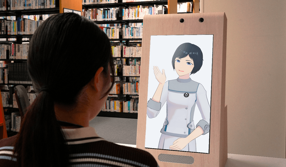 近畿大学中央図書館の受付窓口に設置したアバターディスプレイ