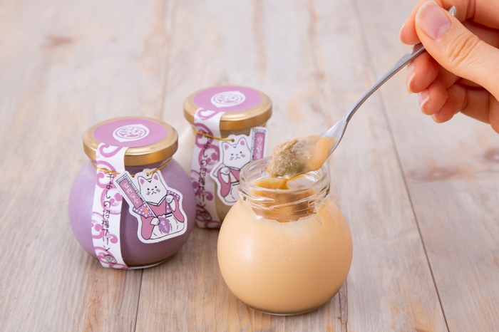 「芋よしの招福プリン」左から、紫芋、バニラ、紅はるか