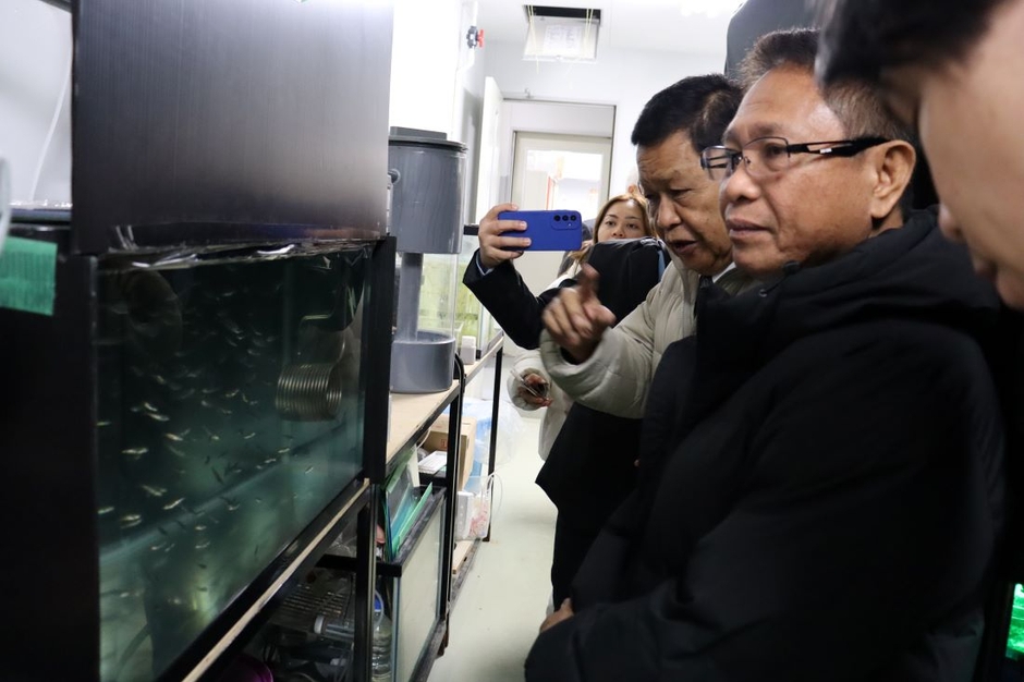 ベニザケとなるヒメマスの稚魚に見入るルイナタ統括部長(右から2人目)ら