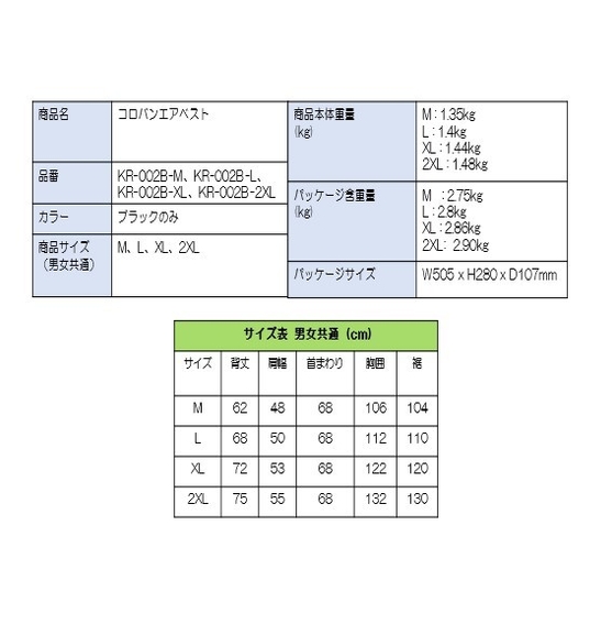 コロバンエアベスト基本仕様