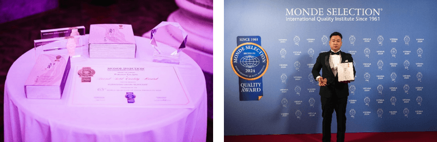 (左上から)国際金賞クリスタル、最高金賞メダル、クリスタル・プレステージトロフィーと (右写真)ステージに上がる株式会社ふるいち 栗坂 つばさ氏