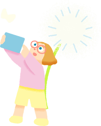 蝶をタブレットで観察する女の子