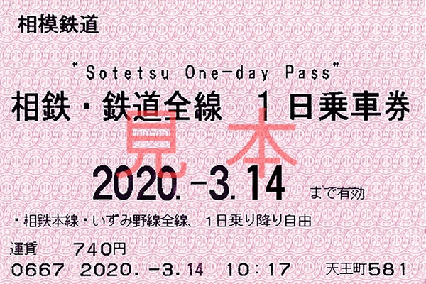 相鉄・鉄道全線1日乗車券（磁気券のイメージ） 