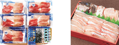 近大マグロの丼の具セット(左)、近大くえのなべ用切身・アラセット(右)